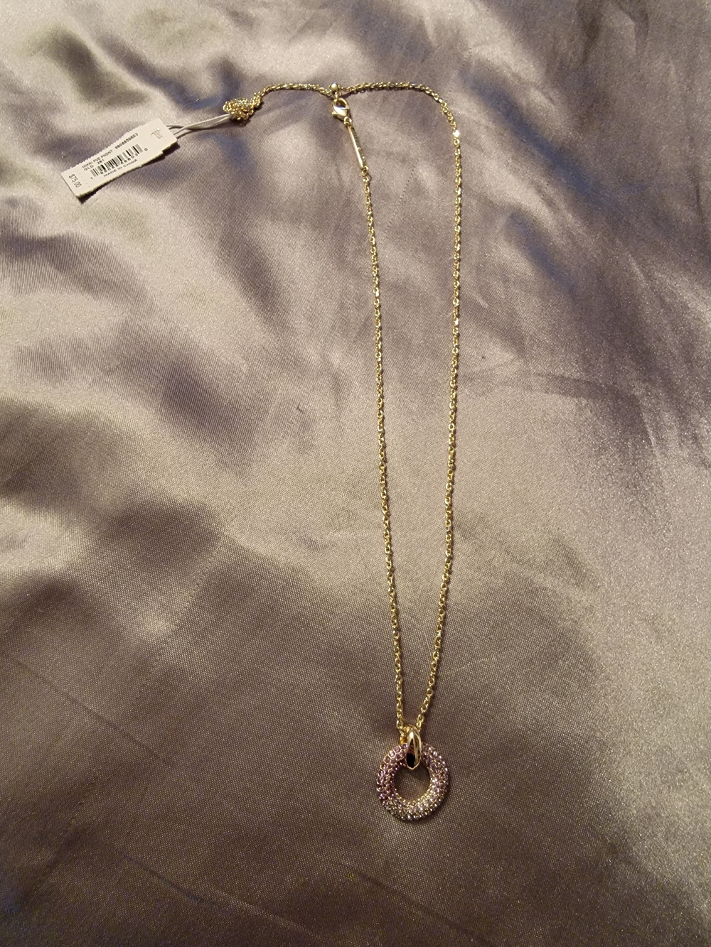Gold Chain Necklace with Pink  Purpleish Pavé Circle Pendant
